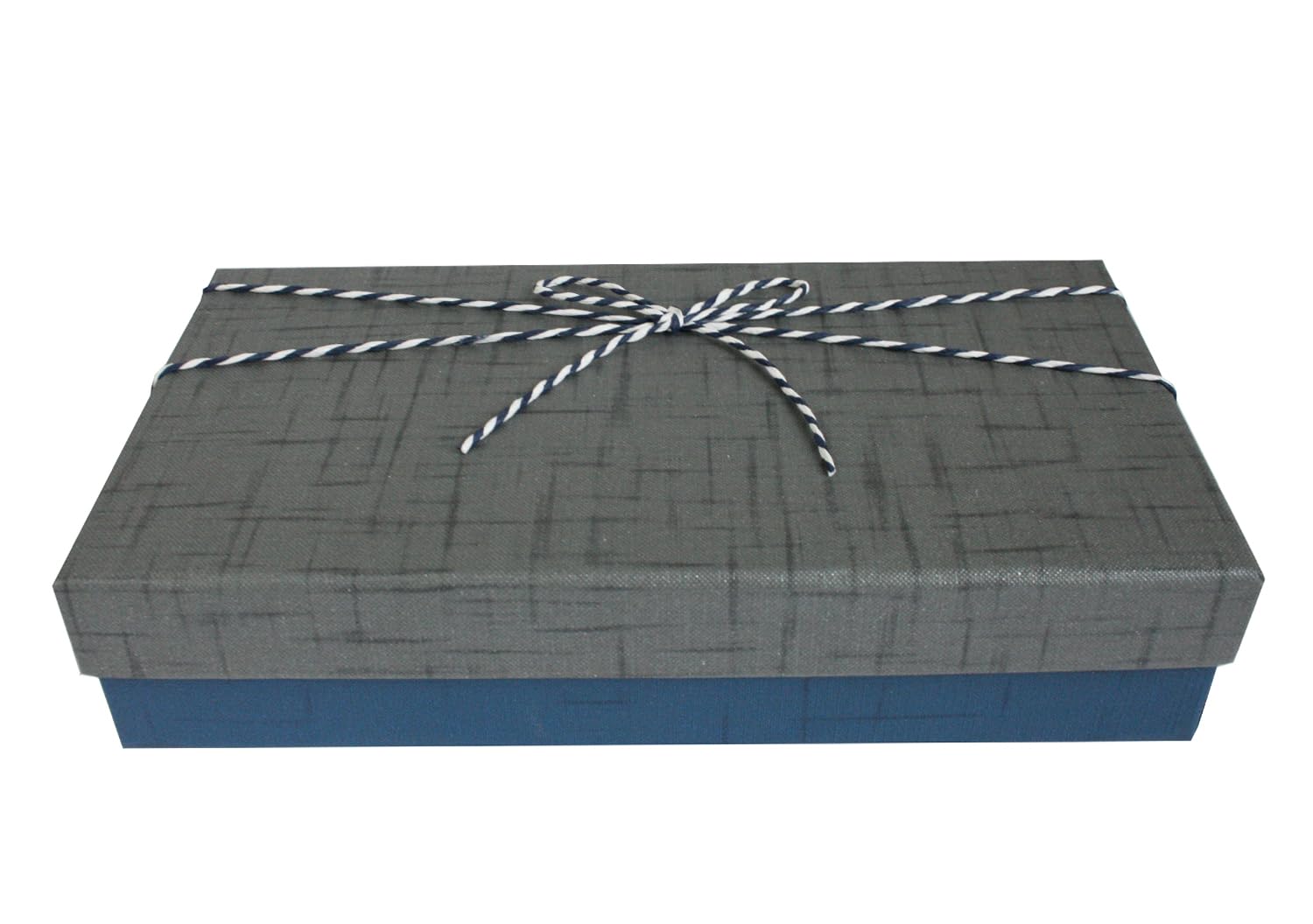 Emartbuy Gift Box, 27.2 x 15.2 x 6.5 cm, Dark Blue Box with Grey Lid and Striped Decorative Ribbon