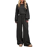 GAMISS Women's Long Sleeve Jumpsuits Casual Boat Neck Wide Leg Rompers Elastic Waist Drawstring Long Pants Overalls