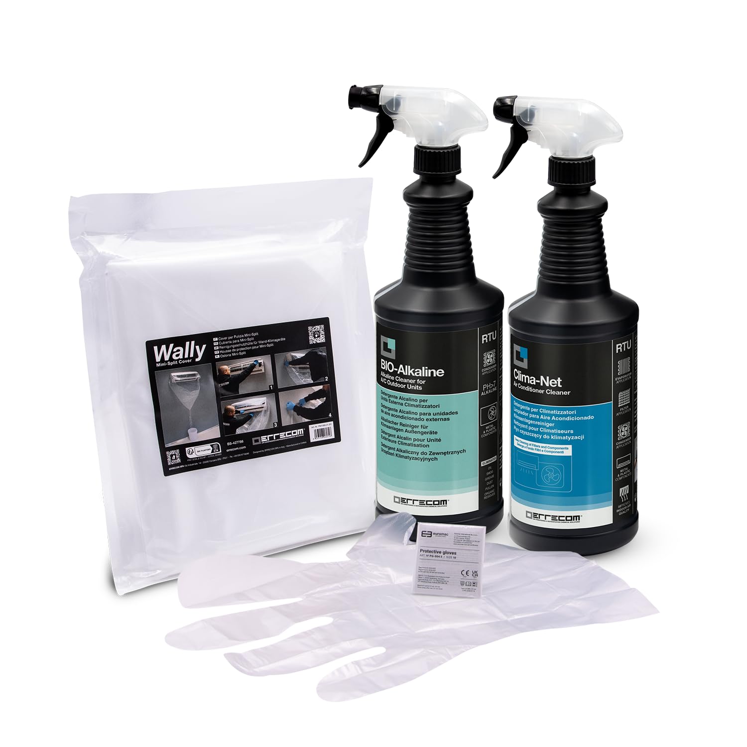ERRECOM Cleaning Kit for Air Conditioners, includes Clima-Net (1 L), A/C Filter and Evaporator Cleaner, A/C Cleaning Cover Bag, BIO-Alkaline (1 L), Alkaline Condenser Cleaner, Gloves