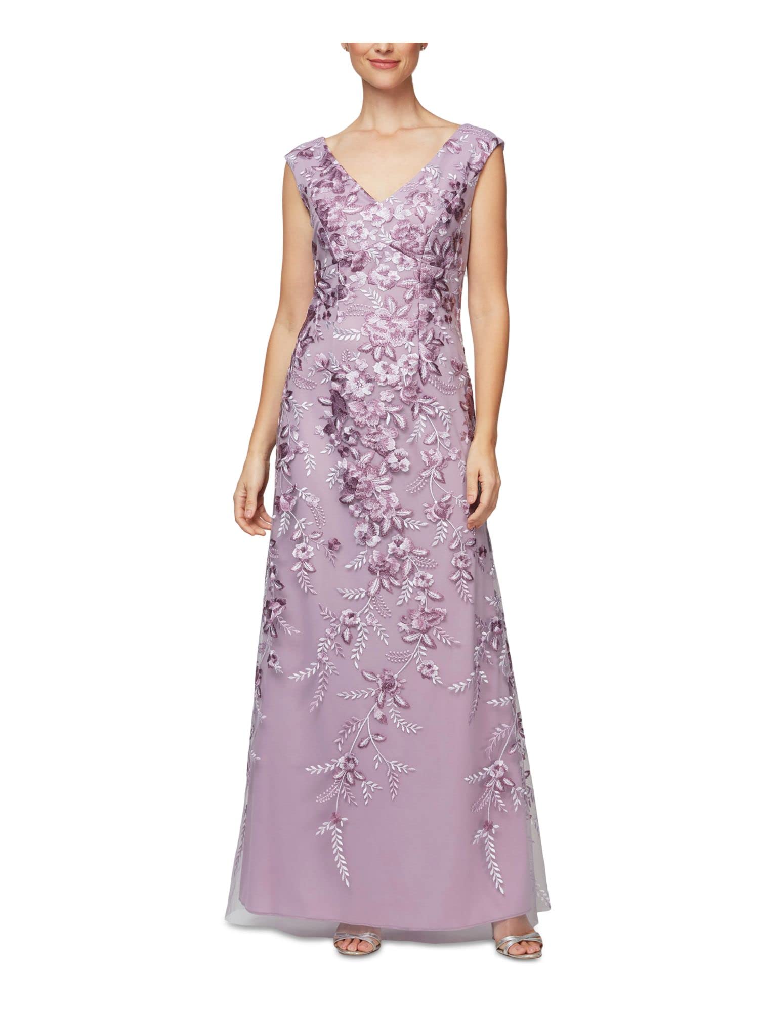 Photo 1 of Alex Evenings Women's Long Sleeveless V-Neckline Dress, Mauve/Multi, 14