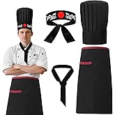 Hibachi Chef Hat and Apron Set – Japanese Style 4-Piece Premium Chef Uniform for Men Women, Premium Chef Apron with Pockets, Hibachi Outfit Cooking Gift for BBQ & Party Decor