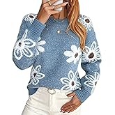 Womens Long Sleeve Floral Graphic Sweaters, Crewneck Ribbed Knit Pullover Tops Loose Fit Trendy Casual Outfits