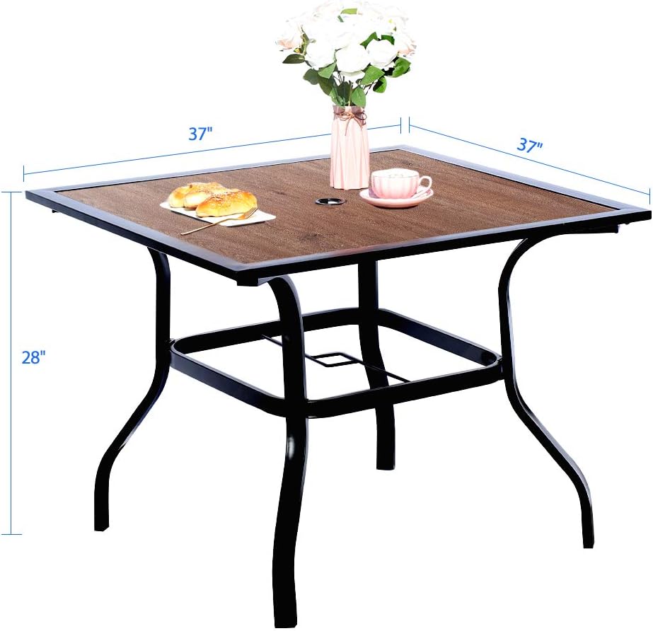 EMERIT Outdoor Patio Dining Table Square Metal Table with Umbrella Hole and Wood-Like Tabletop: Kitchen & Dining