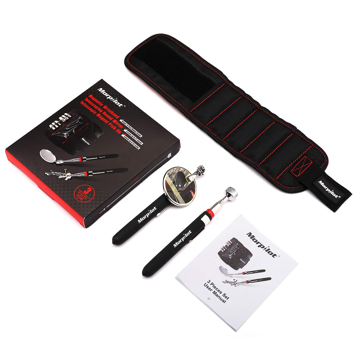 Morpilot Set di Telescopico Ispezione Regolabile di 360 Gradi, Pick-up Telescopico Magnetico e Polsino Magnetico con 15 Magneti Forti per Viti Regalo per Il Fai da Te Strumento Tuttofare