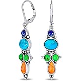 South West Native American Style Feather Leaf Earrings With Squash Blossom Turquoise Coral Gemstone Western Jewelry for Women Teen .925 Sterling Silver Lever Back