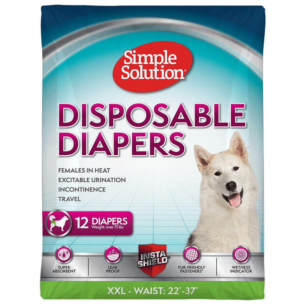 Photo 1 of Simple Solution Disposable Female Dog Diapers, Absorbent Leak Proof Protection for Incontinence, Puppy Training, Heat Cycle, Travel, and Housebreaking, XXL Dogs, 22–37 Inch Waist, 12 Count