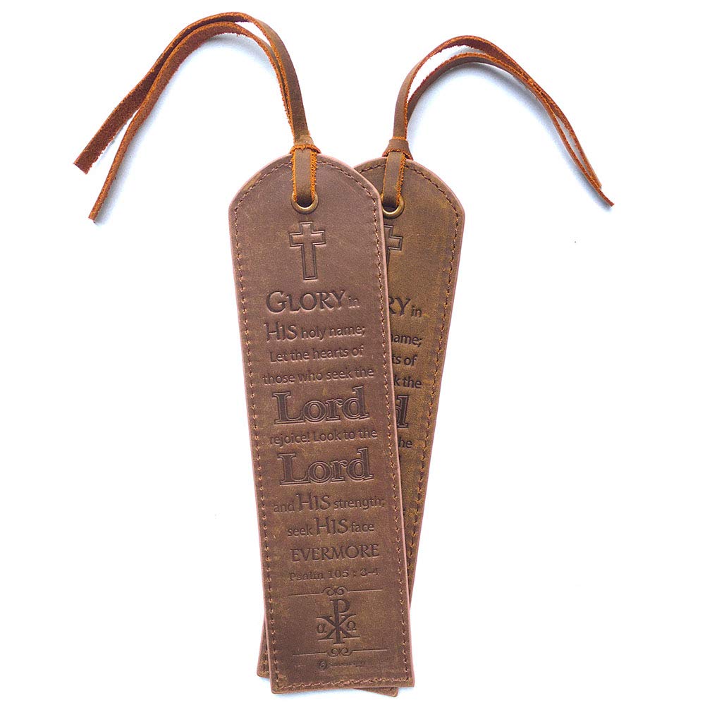 Leather Bible Bookmarks - 2 Leather Christian Bookmarks with Inspirational Bible Verse | Psalm 105: 3-4 Glory In His Holy Name | Perfect Religious Book Marker Gifts for Men, Women, Readers and Friends