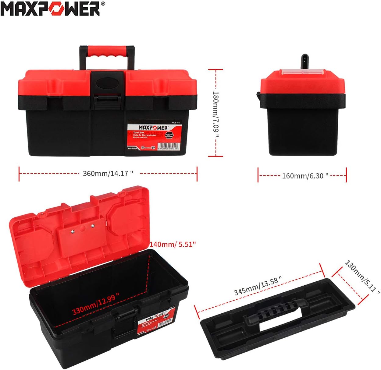 MAXPOWER Tool Box 14-inch Plastic Small Tool Boxes with Removable Tray with Dual Lock Secured, Red - - 