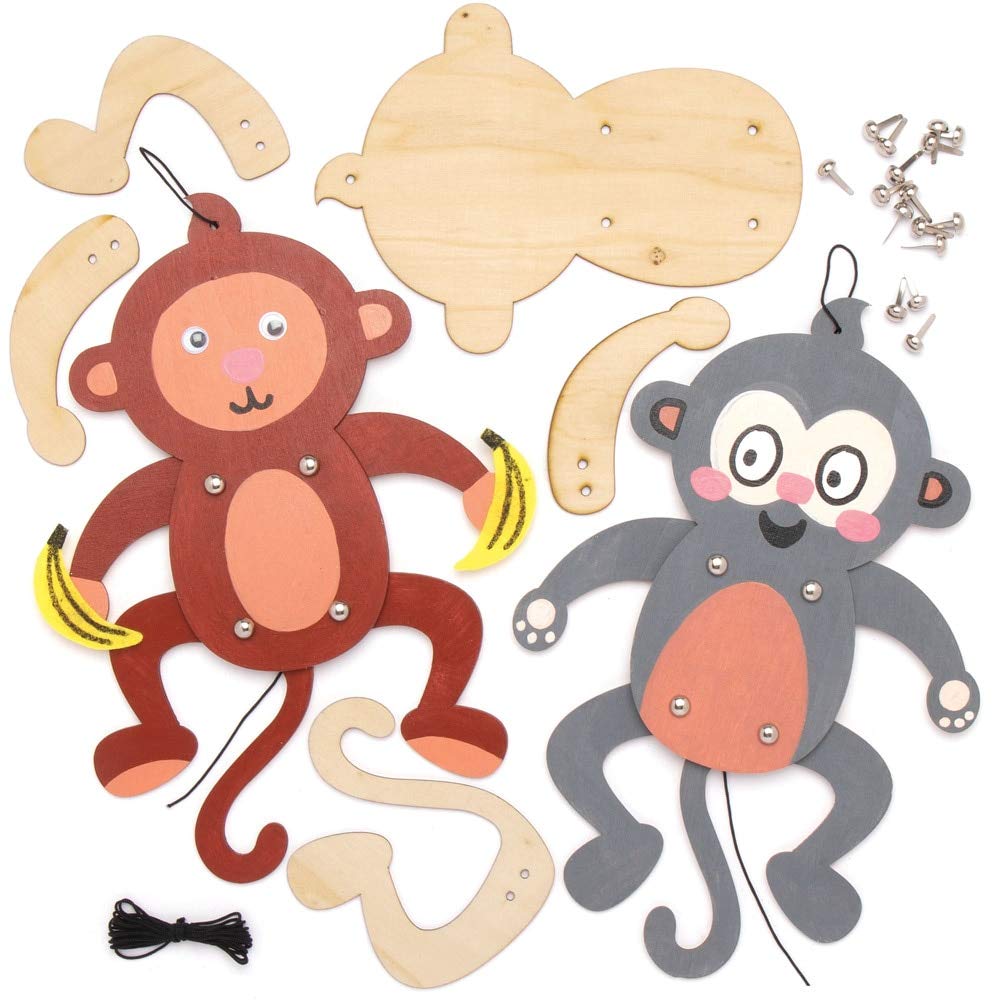 Baker Ross AT770 Cheeky Monkey Wooden Puppet Kits - Pack of 4, For Kids Arts and Crafts Projects