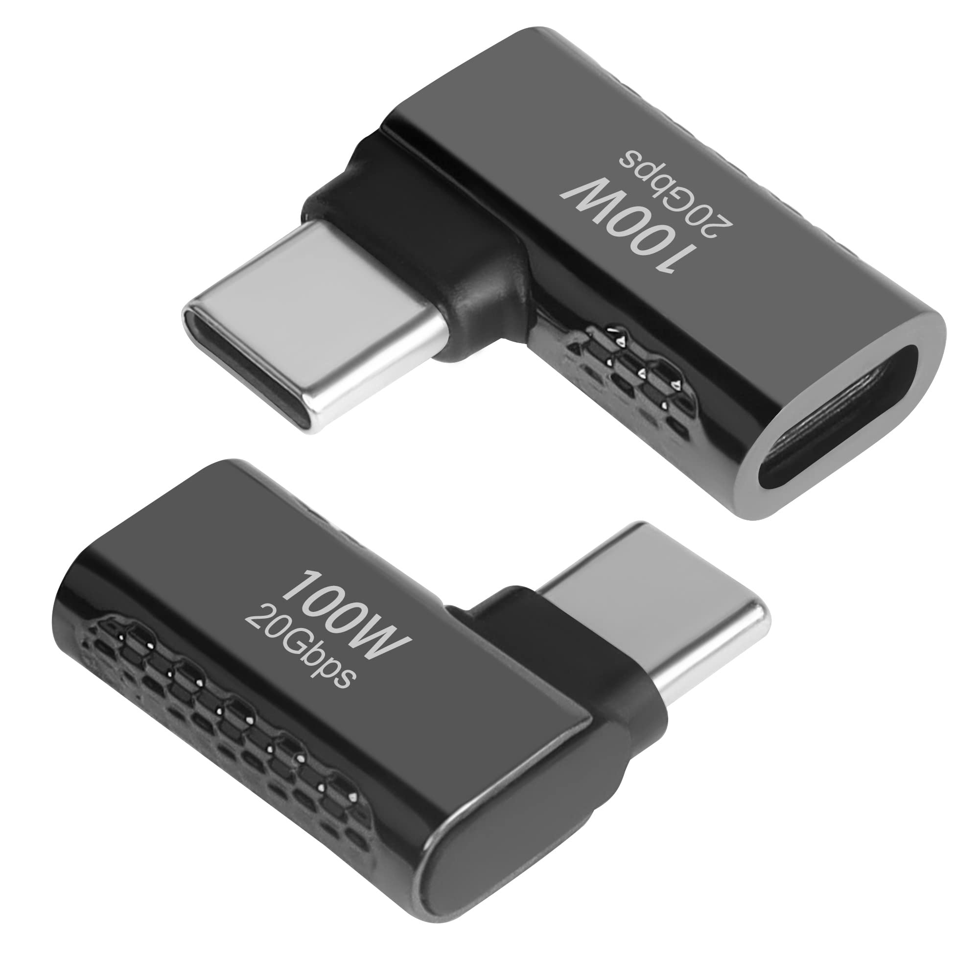 QIANRENON 20Gbps USB C 90°Angle Adapter, 100W USB3.2 Type C Male to Female Right Angle Connector, Support 8K Audio/Video, for Smartphone Tablet Steam Deck, Zn Alloy, Bright black, 2Pcs(Side Bend)