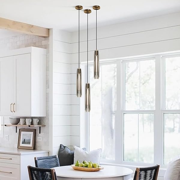KCO LIGHTING SMOKEY CRYSTAL PENDANT LIGHT ANTIQUE BRASS GOLD HANGING LIGHT FIXTURE MID CENTURY MODERN LONG TUBE PENDANT LIGHT FOR KITCHEN ISLAND DINING ROOM BEDROOM