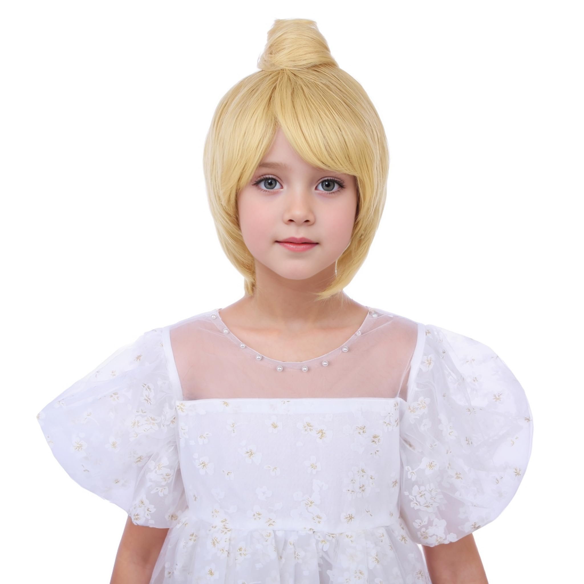 Photo 1 of Edivd Kids Blonde Wig Short Blonde Wig with Bun for Cosplay Heat Resistant Synthetic Wig with Wig Cap