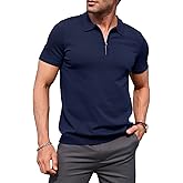 RQP Mens Zipper Polo Shirts Knit Casual Shirts Short/Long Sleeve,Stretch Slim Fit Golf Shirts,Soft Pullover