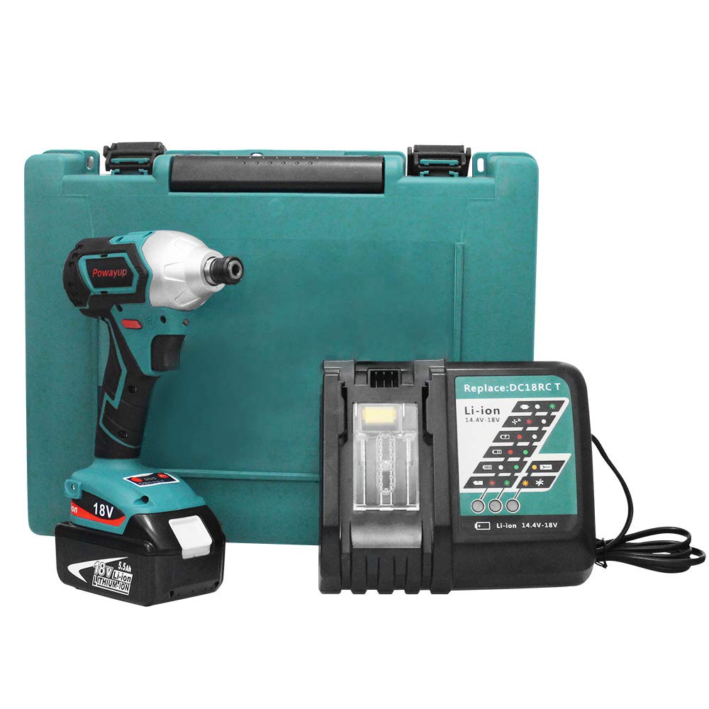 Powayup pour Makita cl/&eacute; /&agrave; chocs sans fil 1X 18V 5.5Ah batterie pour Makita BL1860B et 1X chargeur Li-ion de 14,4 V 18 V pour Makita