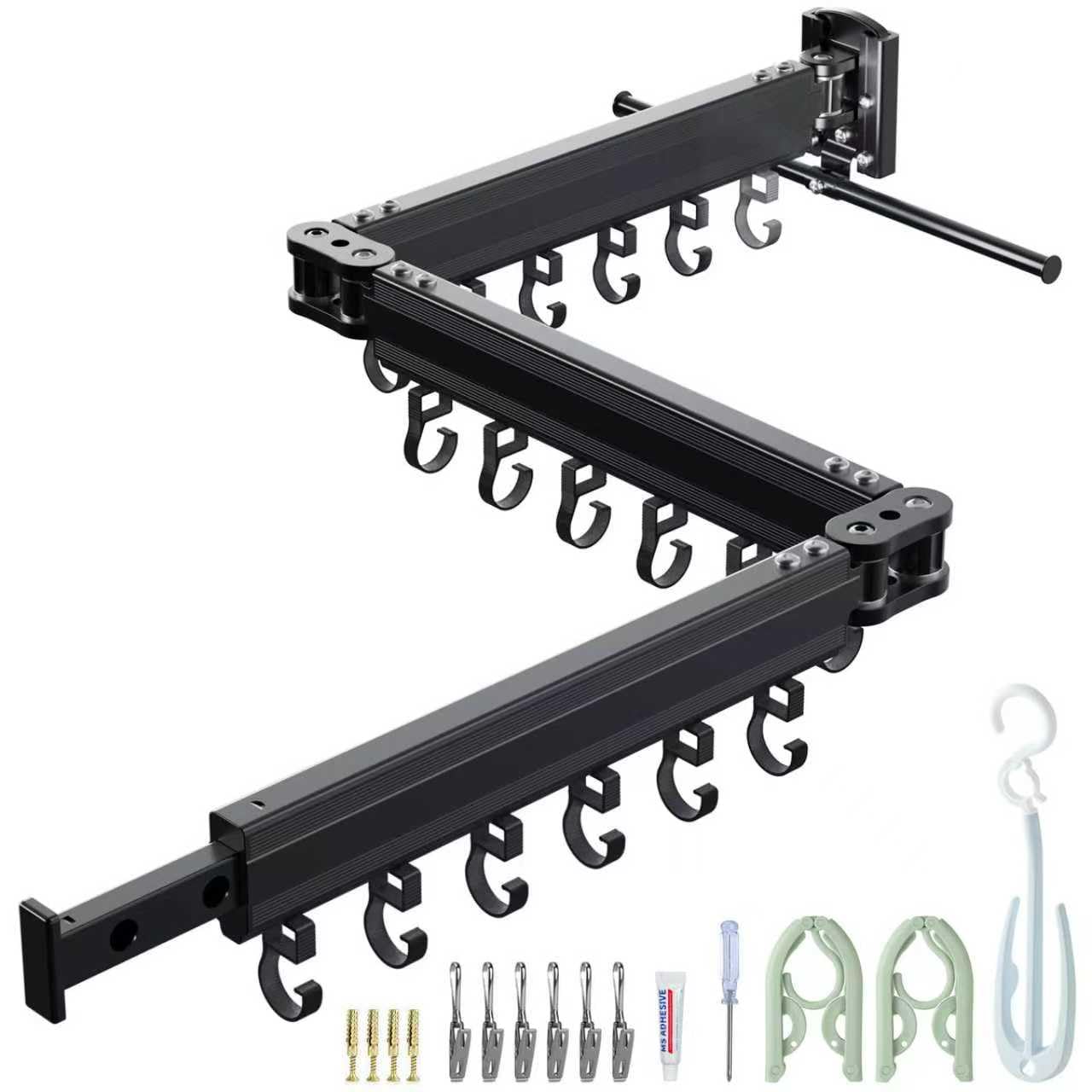 Wall Mounted Clothes Drying Rack, Space Saving,Triple Foldable, Retractable Clothes Airer with Extension Pole, Aluminium Clothes Dryer Rack with 18 Hooks, For Balcony, Laundry(Black-Single Hook )