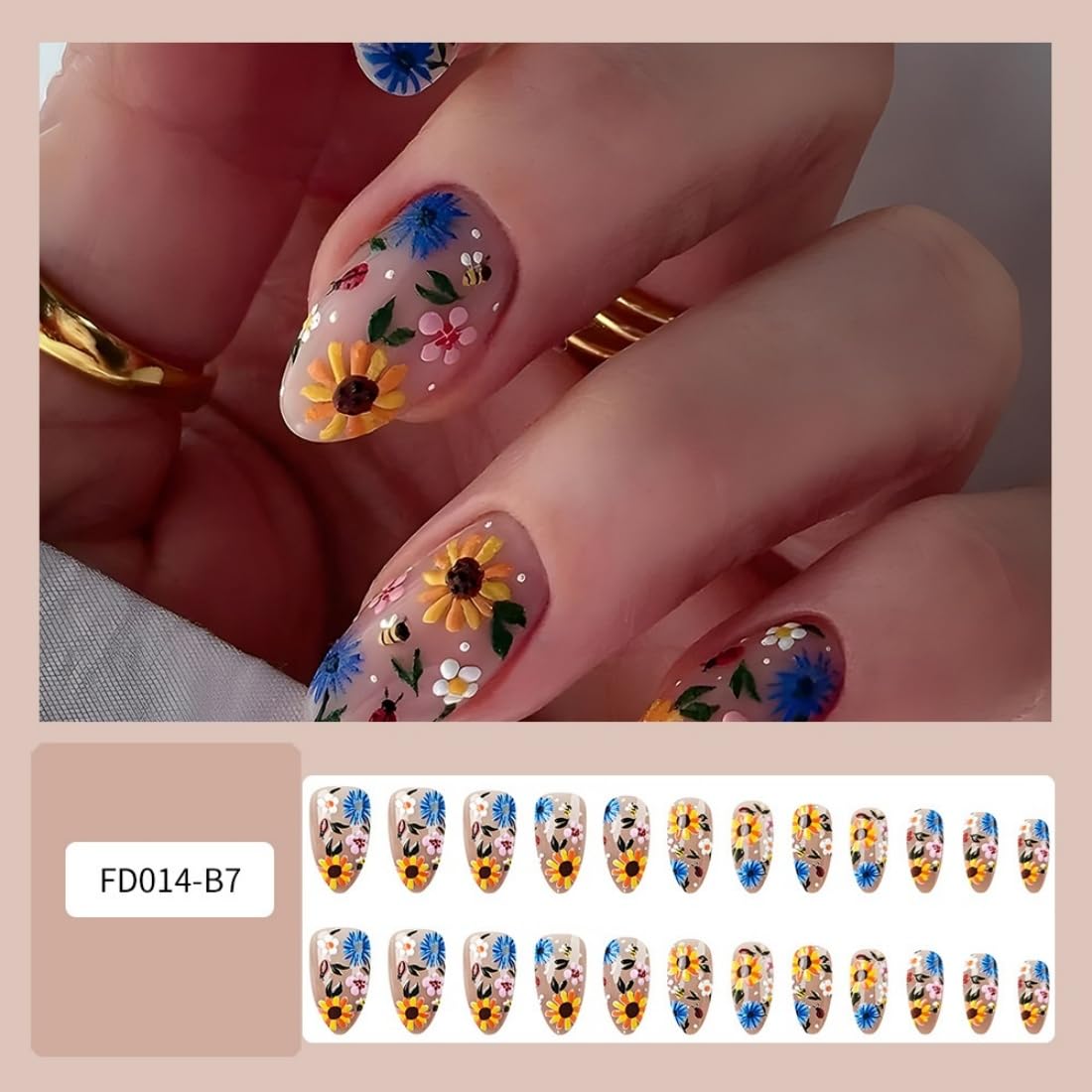Press on Nails for Women Short Flowers French Almond Nail Tips Acrylic Nail Fake Nails Press 24 Pcs - Image 2