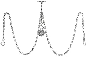 TREEWETO Men's Double Albert Chain Pocket Watch Curb Link Key Chain 3 Hooks with Antique St. Benedict Pendant Design Charm Fob T Bar