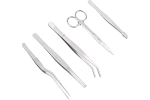 TINOALY 5pcs Plant Tweezers and Scissors, Long Stainless Steel Garden Bend Tongs Set with Straight Curved Flat Point Tip Multiple-Use Gardening Tools for Bonsai Reptile Feeding Kitchen Use