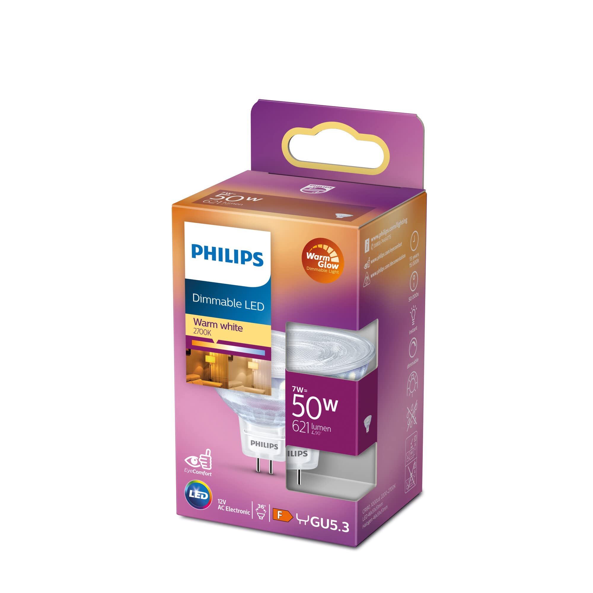 Philips LED Classic Spot Warm Glow Dimmable Indoor Light [Warm White 2200 - 2700K] 7W - 50W Equivalent. Spotlights for Indoor Home Lighting