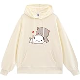 Wrenpies Cute Cat Graphic Hoodies Aesthetic Hooded Sweatshirts for Teen Girls Kawaii Cartoon Anime Lightweight Pullover Tops