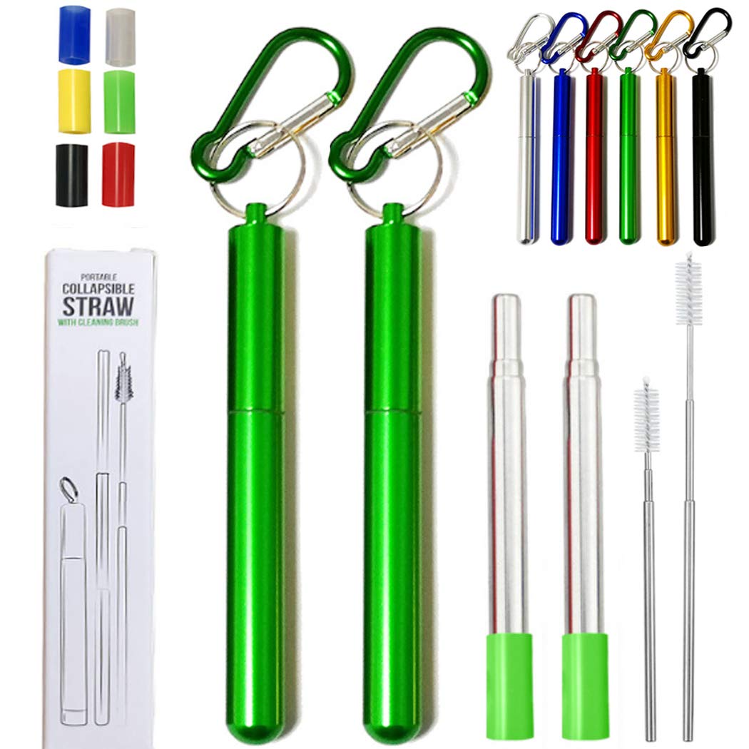 Hoshen 2 PCS Reusable Folding Metal Straws, Portable Telescopic Straws, Including Brushes and Silicone Heads (with Shell) - Green