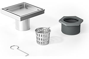 Bernkot Square Shower Drain 4", Brushed Floor Drain with Tiled Insert Grate & Hair Strainer, 304 Stainless Steel Bathroom 2-in-1 Tiled in Drain, CUPC Certified (Brushed, 4'')