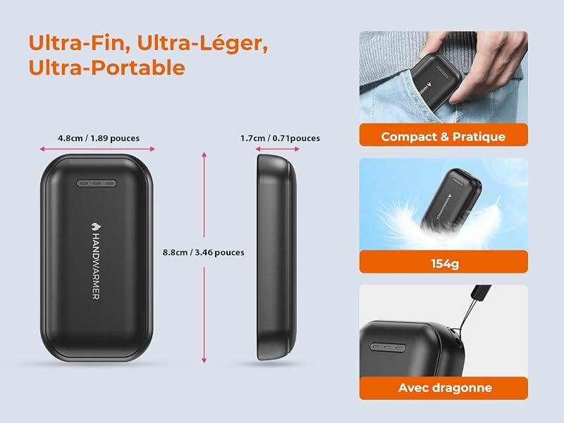 Chauffe Main Rechargeable 2 en 1 Magnetique, Batterie de 6000 mAh, 3 Niveaux de Chaleur, Chauffe-Mains avec câbles USB, pour Les activités en Extérieur et Le Froid, Cadeaux pour Femmes, Noir