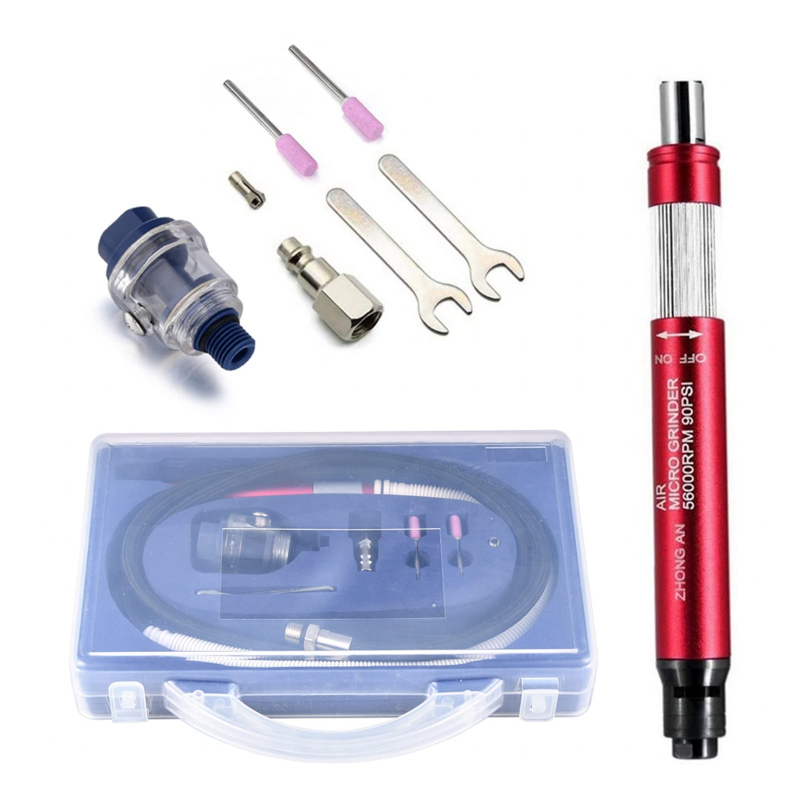 Air Micro Grinder 3mm (1/8 ")，56000RPM, Pneumatic Pencil Grinder, Multifunction Air Grinder Set with Box, Red