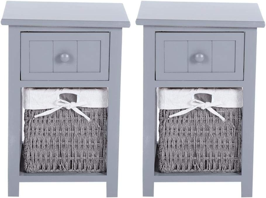 Bedside Table 2pcs Wooden Side End Table Small Bedside Cabinet Storage Unit Nightstand With Drawer And Wicker Storage Basket For Bathroom Bedroom Living Room Hallway 10 82 12 20 17 91inch Grey Amazon Co Uk Kitchen Home