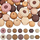 SUNNYCLUE 100Pcs 14 Styles Daisy Silicone Bead Mixed Silicone Focal Beads Bulk Opaque Colorful Round Hexagon Flower Matte Loose Spacer Bead for Keychain Pen Jewelry Bracelet Necklace DIY Decoration