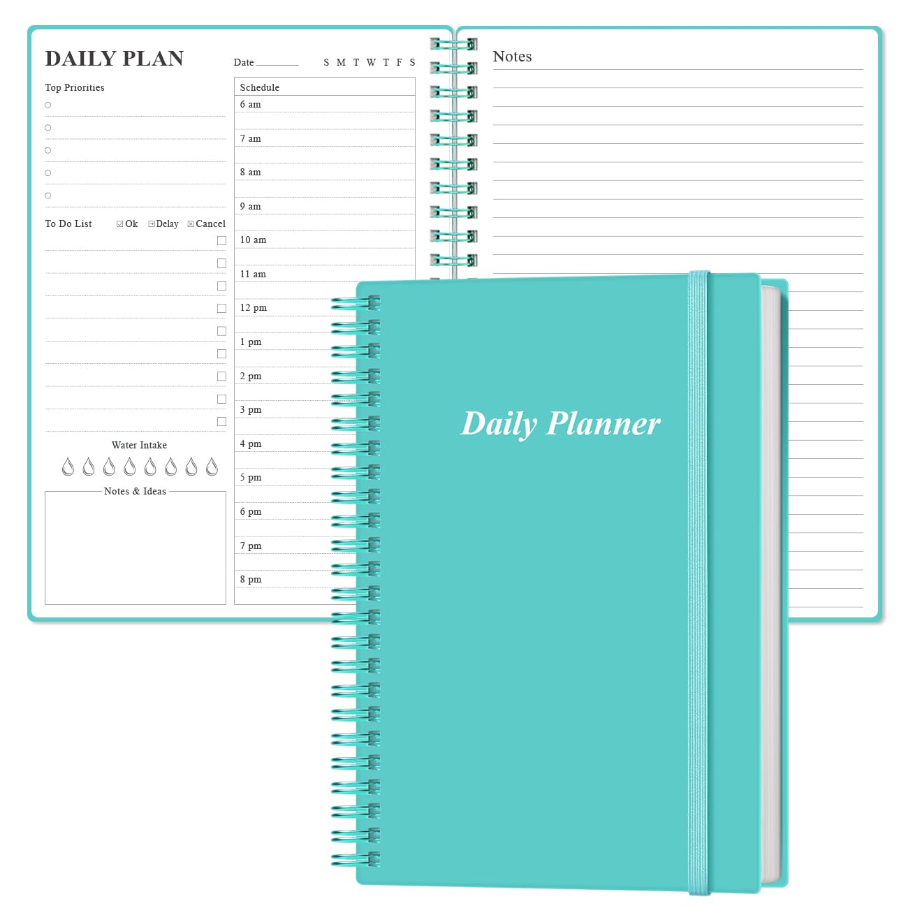 Daily Planner Undated - A5 To Do List Notebook Hourly Schedules, Spiral Appointment Planner for Women and Men, PVC Hardcover, Inner Pocket, Elastic Closure, 5.8" x 8.5", Teal โ image 1