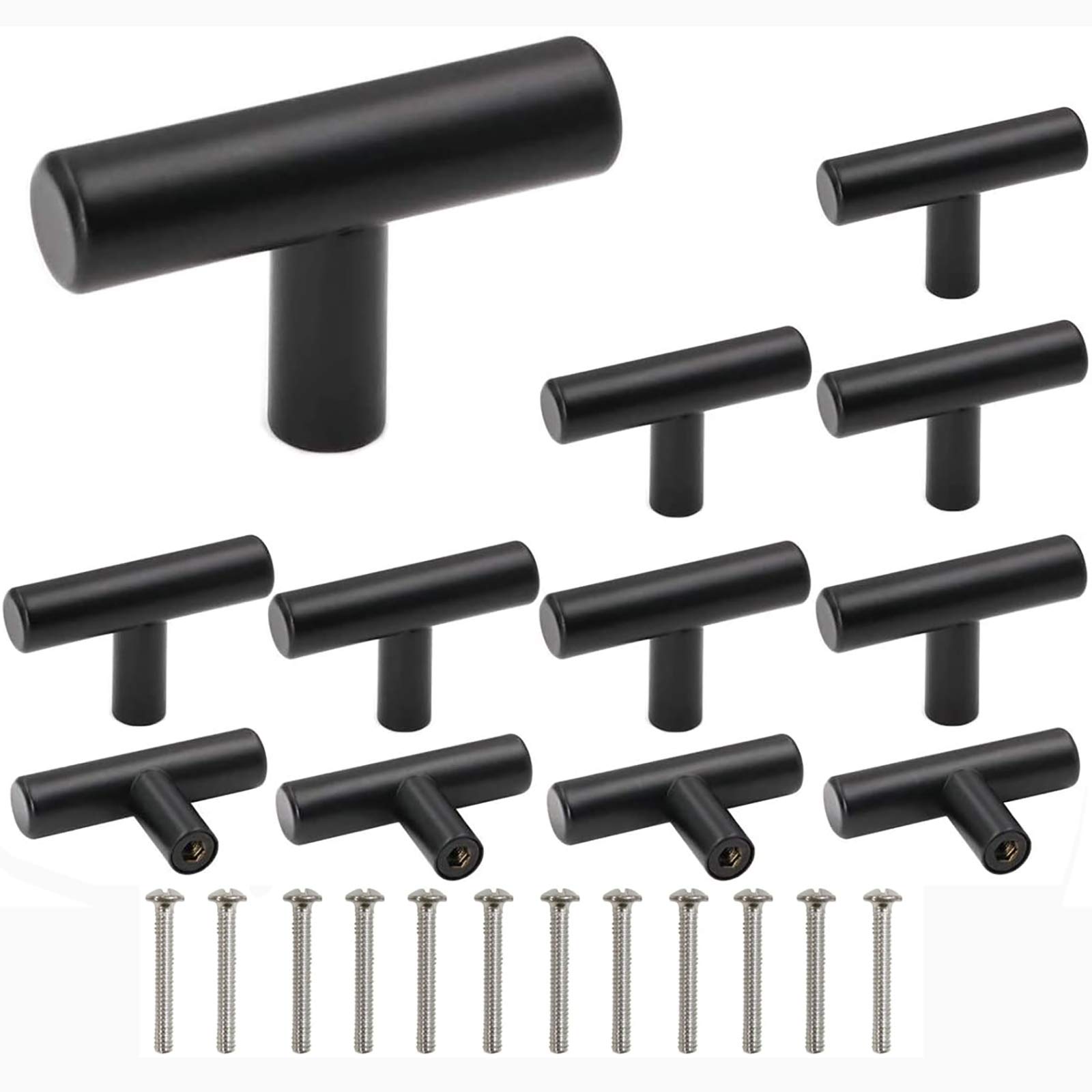 HNJKJEU Drawer Knobs,12 Pack Stainless Steel Single Hole Cabinet Pulls and Knobs Black T Bar Kitchen Cabinet Door Cupboards Drawers Bedroom Furniture Handles 50mm/2in Overall Length