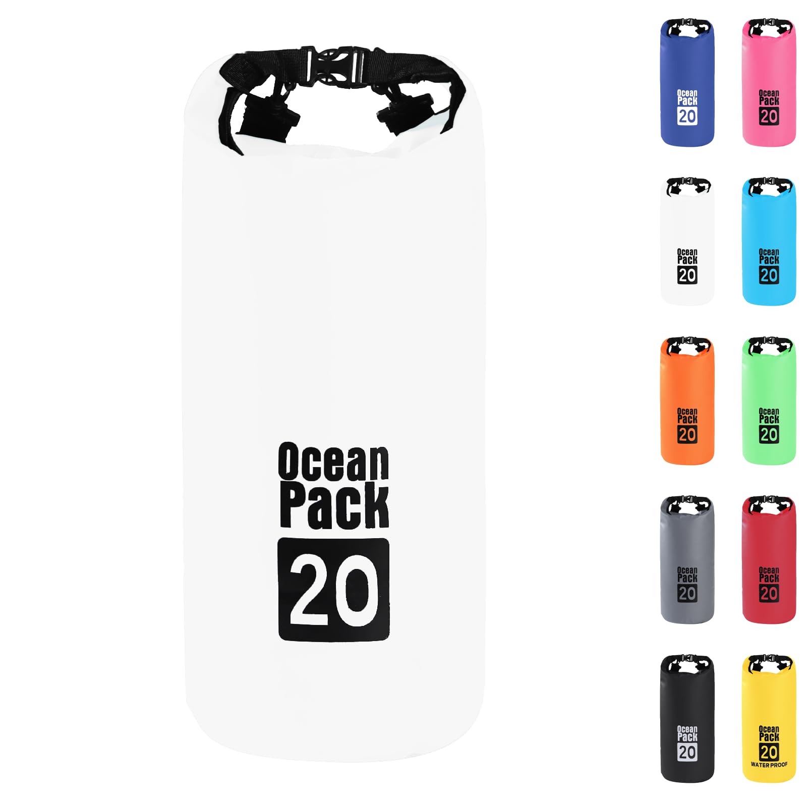 Dry Bag 20L, Boat Dry Bags White Waterproof Bag Dry Sack Roll Top Long Adjustable Shoulder Strap 2L/5L/10L/20L/30L/40L for Drifting Boating Kayaking Fishing Rafting Swimming Camping Canoeing Surfing