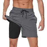 Arcweg Mens Swim Trunks with Compression Liner 2 in 1 Beach Swimming Trunks Quick Dry Swim Shorts with Zipper Pockets