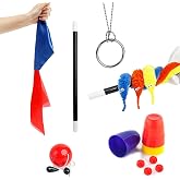 Xfunjoin 6-Piece Classic Magic Kit with Video Tutorial | Includes rising wand, magic worm, color-changing silk, moving ball, chain and ring, and cups and balls for varied shows.