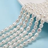 BB Beadthoven 120pcs/3strands Natural Cultured Freshwater Pearl Beads 7-8mm Oval Rice Shaped Pearl Beads Loose Spacers for DIY Necklace Bracelets Jewelry Making Crafts (Creamy White)