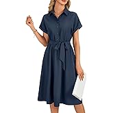 LYANER Women's Collar V Neck Button Front Tie Waist Short Sleeve Ruffle Hem Midi Dress