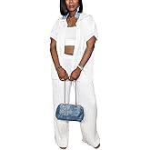 Dezraia Casual Two Piece Set for Women - Button Down Shirt and Wide Leg Pants Matching Set Tracksuits
