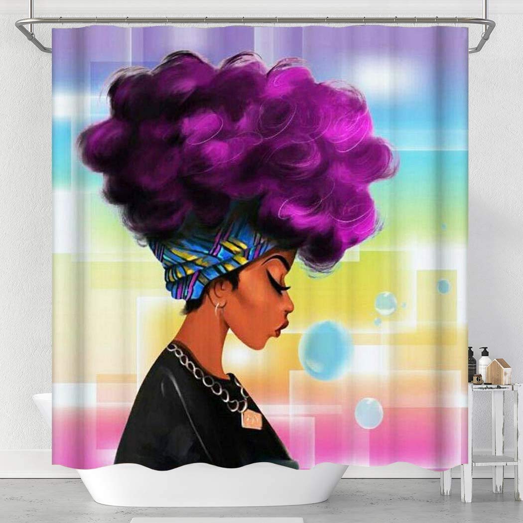 Raymall Shower Curtain African American Woman Afro Lady with Purple Hair Black 72x72 Inches Waterproof Fabric Polyester with Hooks for Bathroom Decor (Multi2-woman)