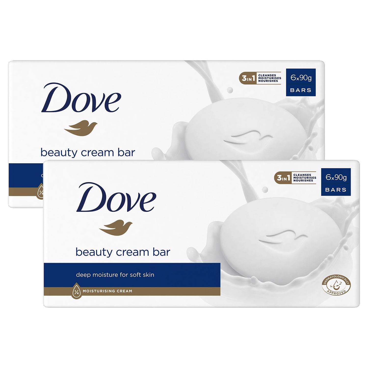Dove Orginal Beauty Cream Bar 3 in 1 Cleanses, Moisturises and Nourishes Sulphate-Free Bath Soap for Soft and Smooth Skin, Suitable for Daily Use 6x90g, 2 Pack