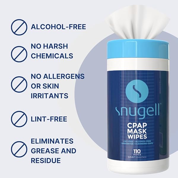 SNUGELL UNSCENTED CPAP MASK WIPES – 110 COUNT –100% SOFT COTTON – LINT & ALCOHOL-FREE – SKIN-SAFE FORMULA WITH ALOE VERA – EASY-TO-OPEN CANISTER – PERFECT FOR CLEANING CPAP MASKS, TUBES, AND DEVICES