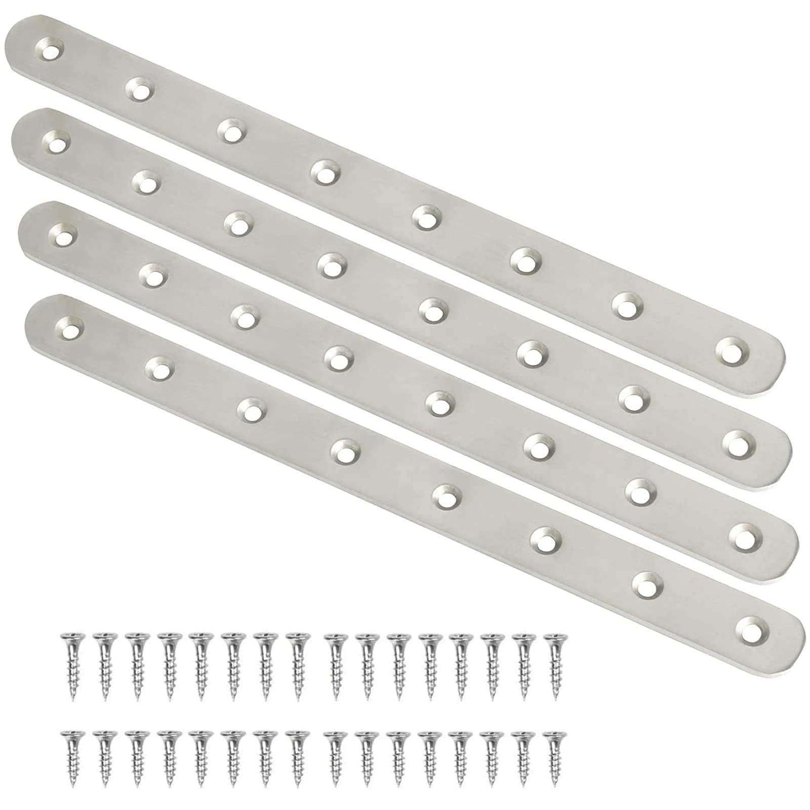 Luabue 4Pcs Flat Straight Brace Brackets Metal Brackets for Wood Stainless Steel Furniture Corner Connector Mending Plates Repair Joining Plates with Holes & Screws for Repair Fixing Furniture 295mm