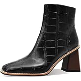 MOTIMODEN Womens Ankle Boots Chunky Mid Heel Booties Retro Square Pointed Toe Side Zipper Short Boots Heeled Shoes for Women Fall Winter