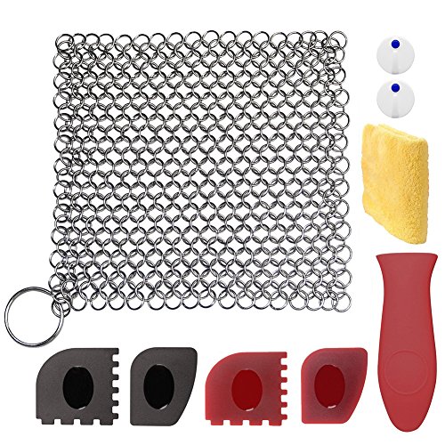 LIVEHITOP Cast Iron Cleaner Set 9 Packs, XL 8x6 Stainless Steel Scrubber, Pan Scraper Plastic Set Tool and Silicone Hot Handle Holder for Cast Iron Skillets Frying Pans, Gifts for Kitchen Home