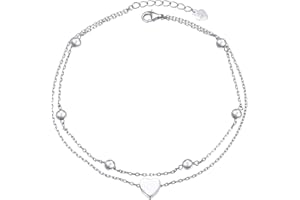 FLYOW Anklet for Women S925 Sterling Silver Adjustable Foot Beaded Heart Charm Ankle Bracelet Anklets Jewelry