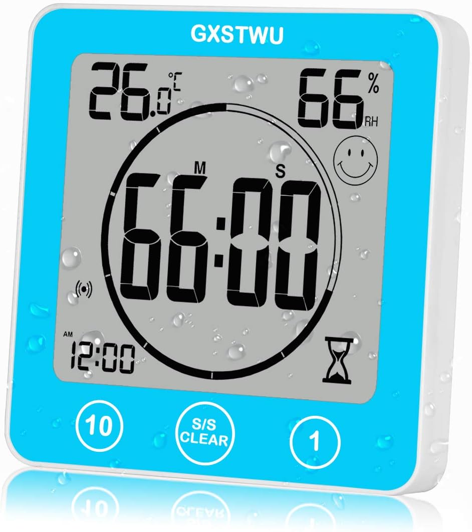 GXSTWU Digital Timer Shower Clock Waterproof Clocks for Bathroom Kitchen Timer Clocks Thermometer Hygrometer Wall Clock with Suction Cup Hanging Hole Stand Magnet Blue