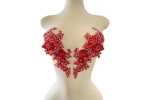 XZG.beatal Handmade Shining Rhinestones lace Applique Patches Sewing Beads Sequins Stone Trim Accessories for Wedding Dress 1 Pair/Bag 11X4.3inches (Red)