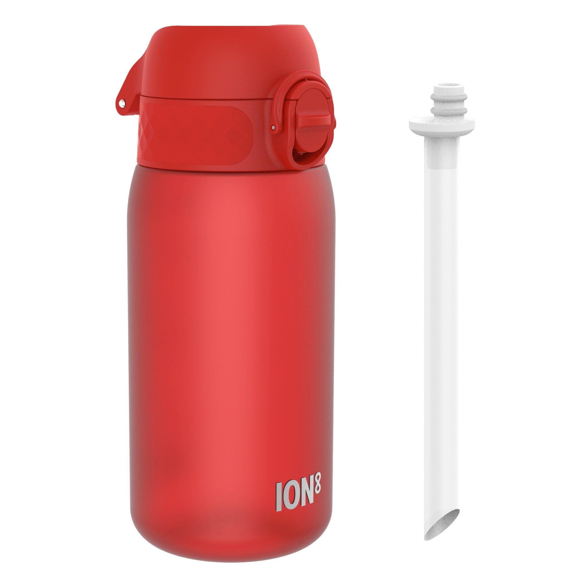 ION8 Kids Water Bottle 350ml/12oz Leak Proof & BPA-Free Drinking Bottle with Straw, Triple Lock Lid to Prevent Spills & Integrated Handle, Ideal for Little Hands & Lunch Boxes, Recyclon Red with Straw — image 1