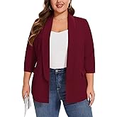 LADI TREND Plus Size Blazers for Women Business Casual 3/4 Sleeve Open Front Cardigan Suit Jacket Blazer with Pockets