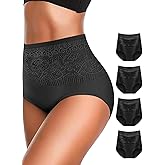 FancyTwig Women's Lace Trim High Waisted Cotton Underwear Full Coverage Ladies Panties Tummy Control Briefs 4 Pack